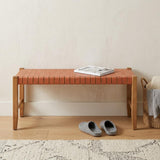 48" Tan and Natural Genuine Leather and Solid Wood Upholstered Dining Bench