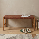48" Brown and Natural Genuine Leather and Solid Wood Bench