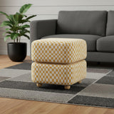 18" White And Yellow And Natural Wood And Upholstery Checkered Ottoman