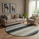 8' Black Gray And Ivory Striped Washable Round Rug With UV Protection