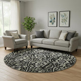 8' Black Gray And Beige Floral Washable Round Rug With UV Protection