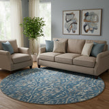 8' Blue And Gray Floral Washable Round Rug With UV Protection
