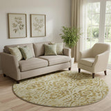 8' Gold And Beige Floral Washable Round Rug With UV Protection