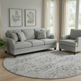 8' Gray And Blue Floral Washable Round Rug With UV Protection