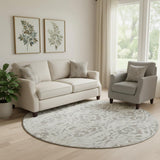 8' Ivory And Beige Floral Washable Round Rug With UV Protection