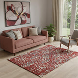 5' X 8' Red And Gray Floral Washable Area Rug With UV Protection
