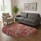 8' Red And Gray Floral Washable Round Rug With UV Protection