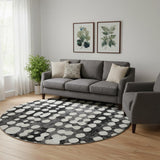 8' Black And Ivory Polka Dot Washable Round Rug With UV Protection