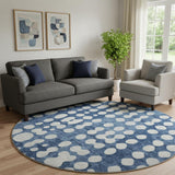 8' Navy Blue And Ivory Polka Dot Washable Round Rug With UV Protection