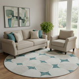 8' Teal And Ivory Abstract Geometric Washable Round Rug With UV Protection