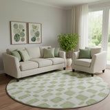 8' Artichoke Green And Ivory Geometric Washable Round Rug With UV Protection