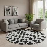 8' Black And Ivory Geometric Washable Round Rug With UV Protection