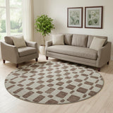 8' Brown And Ivory Geometric Washable Round Rug With UV Protection