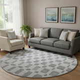 8' Gray And Ivory Geometric Washable Round Rug With UV Protection