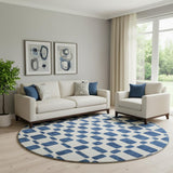 8' Navy Blue And Ivory Geometric Washable Round Rug With UV Protection