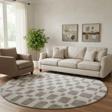 8' Taupe And Ivory Geometric Washable Round Rug With UV Protection