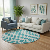 8' Teal And Ivory Geometric Washable Round Rug With UV Protection