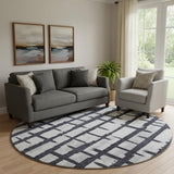 8' Black And Silver Striped Washable Round Rug With UV Protection