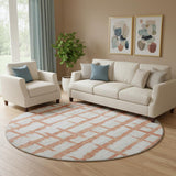 8' Coral And Beige Striped Washable Round Rug With UV Protection