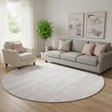 8' Pink And Beige Striped Washable Round Rug With UV Protection