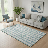 5' X 8' Sky Blue And Beige Striped Washable Area Rug With UV Protection