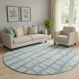 8' Sky Blue And Beige Striped Washable Round Rug With UV Protection