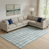 8' X 10' Sky Blue And Beige Striped Washable Area Rug With UV Protection