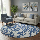 8' Navy Blue And Ivory Animal Print Washable Round Rug With UV Protection