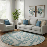 8' Teal And Ivory Animal Print Washable Round Rug With UV Protection