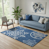5' X 8' Navy Blue Ivory And Gray Floral Medallion Washable Area Rug With UV Protection