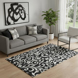 5' X 8' Black And Ivory Floral Washable Area Rug With UV Protection