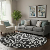 8' Black And Ivory Floral Washable Round Rug With UV Protection