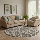 8' Chocolate And Beige Floral Washable Round Rug With UV Protection