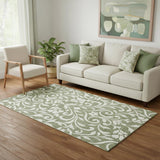 5' X 8' Fern Green And Beige Floral Washable Area Rug With UV Protection