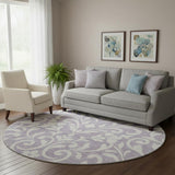 8' Lavender And Ivory Floral Washable Round Rug With UV Protection