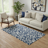 5' X 8' Navy Blue And Ivory Floral Washable Area Rug With UV Protection