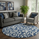 8' Navy Blue And Ivory Floral Washable Round Rug With UV Protection