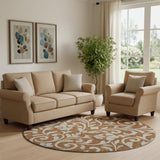 8' Rust And Beige Floral Washable Round Rug With UV Protection