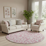 8' Pink And Ivory Floral Washable Round Rug With UV Protection