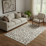 5' X 8' Taupe And Beige Floral Washable Area Rug With UV Protection