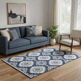 5' X 8' Navy Blue And Ivory Medallion Washable Area Rug With UV Protection