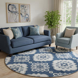 8' Navy Blue And Ivory Medallion Washable Round Rug With UV Protection