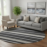 8' Black Ivory And Gray Striped Washable Round Rug With UV Protection
