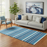 5' X 8' Denim Blue Ivory And Gray Striped Washable Area Rug With UV Protection