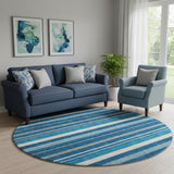 8' Denim Blue Ivory And Gray Striped Washable Round Rug With UV Protection