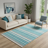 5' X 8' Teal Ivory And Gray Striped Washable Area Rug With UV Protection