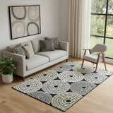 5' X 8' Black Beige And Ivory Geometric Washable Area Rug With UV Protection