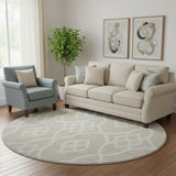 8' Beige And Ivory Trellis Washable Round Rug With UV Protection