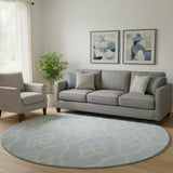 8' Sky Blue And Ivory Trellis Washable Round Rug With UV Protection