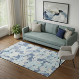 5' X 8' Navy Blue Silver And Sky Blue Floral Washable Area Rug With UV Protection